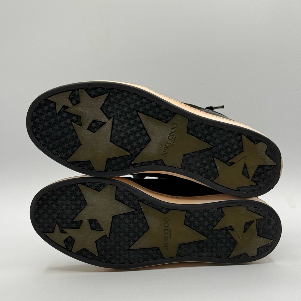 Jimmy Choo Black Suede & Patent Leather High-Top Sneakers Gold Eyelets Size 35.5 - Picture 10 of 16